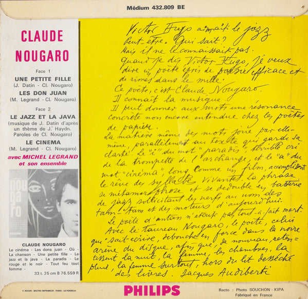 Claude Nougaro : Une Petite Fille (7", EP, Mono)