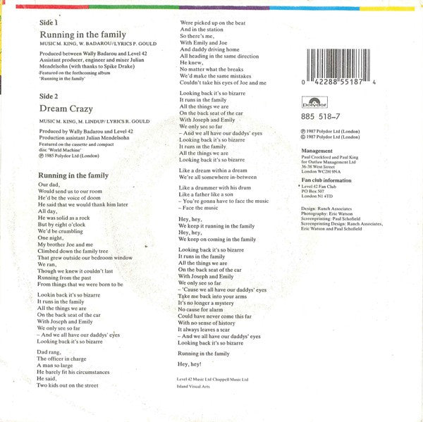 Level 42 : Running In The Family (7", Single)