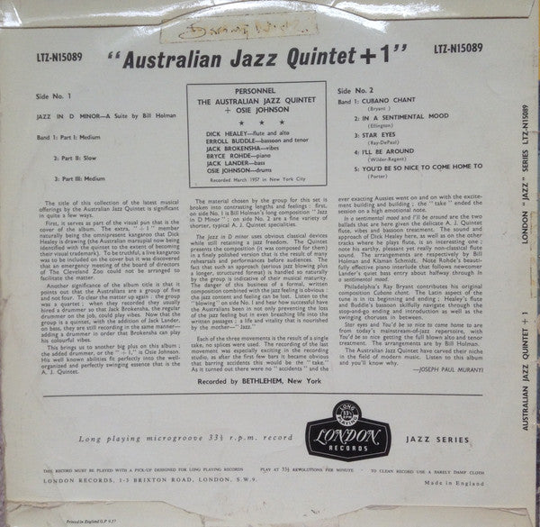 The Australian Jazz Quintet With Osie Johnson : The Australian Jazz Quintet +1 (LP)
