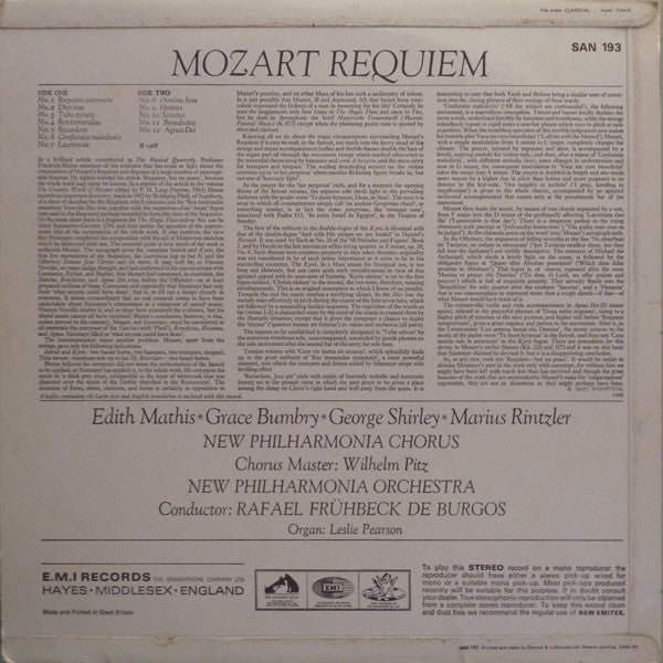 Wolfgang Amadeus Mozart - Edith Mathis - Grace Bumbry, George Shirley - Marius Rintzler, New Philharmonia Chorus, Wilhelm Pitz, New Philharmonia Orchestra, Rafael Frühbeck De Burgos : Requiem (LP, RP)