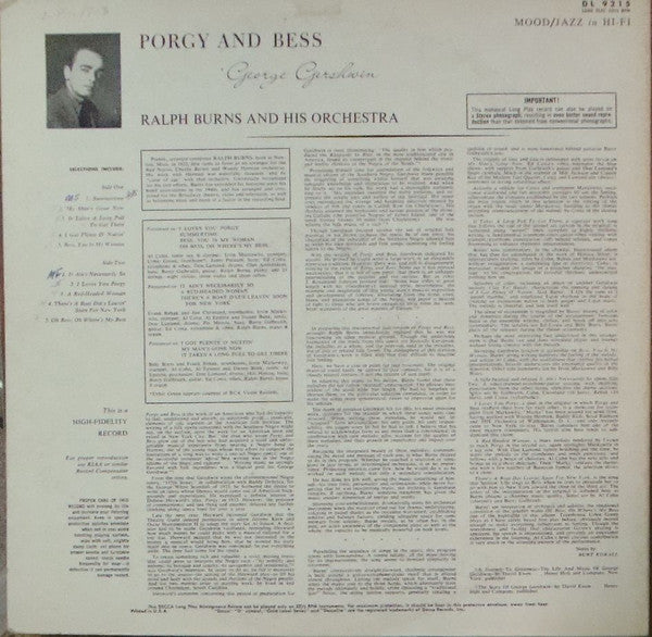 Ralph Burns And His Orchestra : Gershwin's Porgy And Bess In Modern Jazz (LP, Album, Mono)