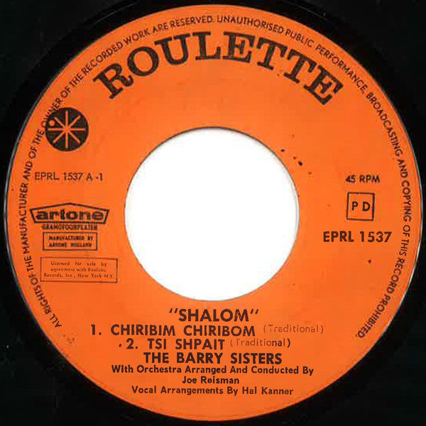 The Barry Sisters : Shalom (7", EP)