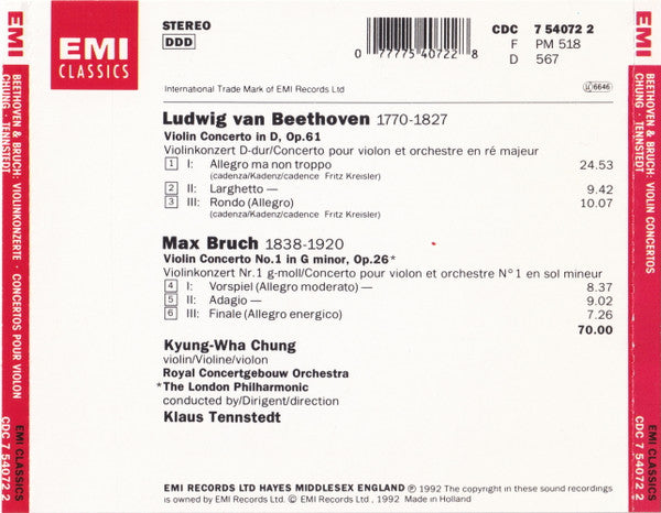 Ludwig van Beethoven / Max Bruch, Concertgebouworkest, London Philharmonic Orchestra, Kyung-Wha Chung, Klaus Tennstedt : Violinkonzert / Violinkonzert No. 1 (CD, Album)