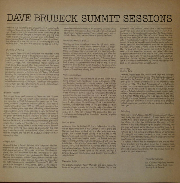 Dave Brubeck : Summit Sessions (LP, Album, RE)