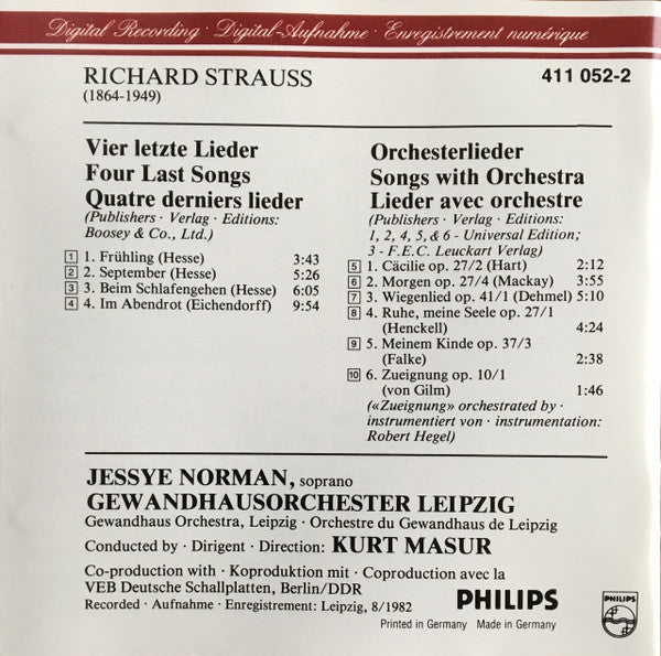 Richard Strauss, Jessye Norman / Gewandhausorchester Leipzig / Kurt Masur : Vier Letzte Lieder / 6 Orchesterlieder (CD, Album)