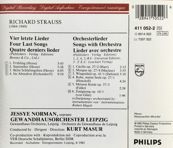 Richard Strauss, Jessye Norman / Gewandhausorchester Leipzig / Kurt Masur : Vier Letzte Lieder / 6 Orchesterlieder (CD, Album)