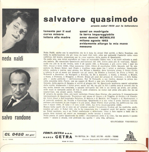 Neda Naldi, Salvo Randone : Quasimodo Premio Nobel (7", RE)