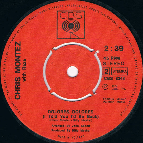 Chris Montez with Raza : When Your Heart Is Full Of Love (Your Eyes Begin To Overflow) / Dolores, Dolores (I Told You I'd Be Back) (7", Single)