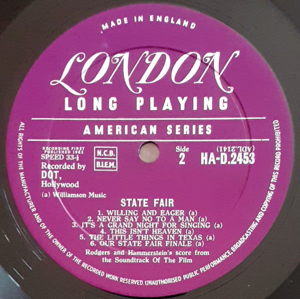 Rodgers & Hammerstein - Pat Boone / Bobby Darin / Pamela Tiffin / Ann Margret / Tom Ewell / Alice Faye : State Fair (LP, Album, Mono)