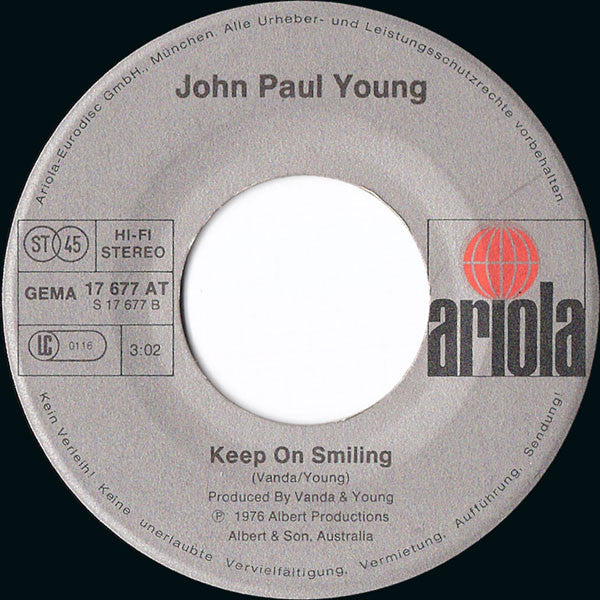 John Paul Young : Standing In The Rain / Keep On Smiling (7", Single)