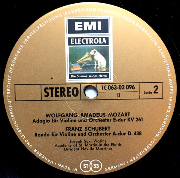 Wolfgang Amadeus Mozart / Ludwig van Beethoven / Franz Schubert - Josef Suk, Sir Neville Marriner, The Academy Of St. Martin-in-the-Fields : Rondo C - Dur KV 373 /  Adagio E - dur KV 261 / Romanzen Nr. 1 G - dur Und Nr. 2 F - dur / Rondo A - dur D. 438 (LP, RE)