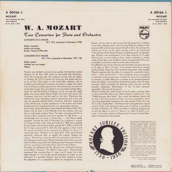 Wolfgang Amadeus Mozart - Hubert Barwahser, Wiener Symphoniker, John Pritchard : Two Concertos For Flute And Orchestra: G Major  K.V. 313 / D Major K.V. 314 (LP, Mono)
