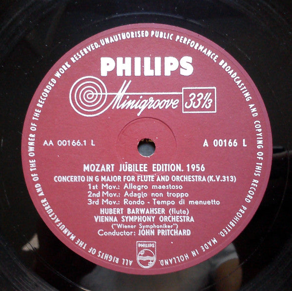 Wolfgang Amadeus Mozart - Hubert Barwahser, Wiener Symphoniker, John Pritchard : Two Concertos For Flute And Orchestra: G Major  K.V. 313 / D Major K.V. 314 (LP, Mono)