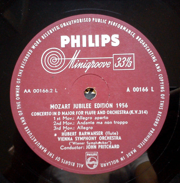 Wolfgang Amadeus Mozart - Hubert Barwahser, Wiener Symphoniker, John Pritchard : Two Concertos For Flute And Orchestra: G Major  K.V. 313 / D Major K.V. 314 (LP, Mono)