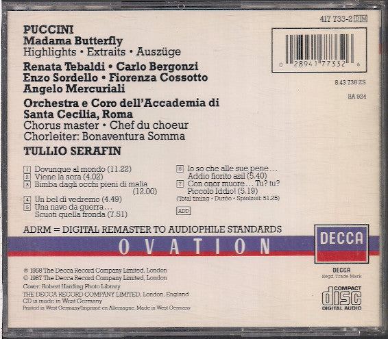 Renata Tebaldi, Carlo Bergonzi, Enzo Sordello, Fiorenza Cossotto, Angelo Mercuriali, Orchestra dell'Accademia Nazionale di Santa Cecilia E Coro dell'Accademia Nazionale di Santa Cecilia, Tullio Serafin, Giacomo Puccini : Madama Butterfly - Highlights (CD, RM)