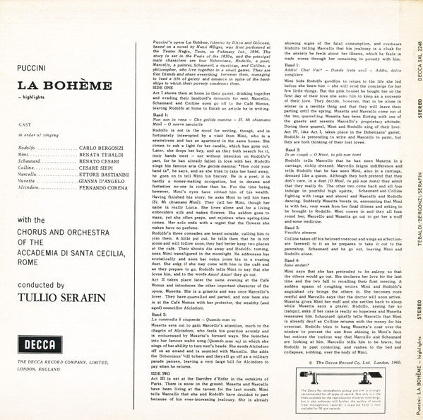 Giacomo Puccini, Renata Tebaldi, Carlo Bergonzi, Ettore Bastianini, Cesare Siepi, Fernando Corena, Tullio Serafin : La Boheme Highlights (LP, RP, Nar)