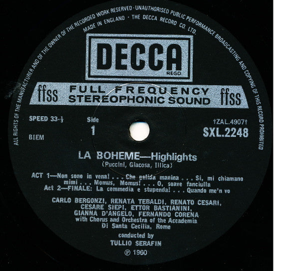 Giacomo Puccini, Renata Tebaldi, Carlo Bergonzi, Ettore Bastianini, Cesare Siepi, Fernando Corena, Tullio Serafin : La Boheme Highlights (LP, RP, Nar)