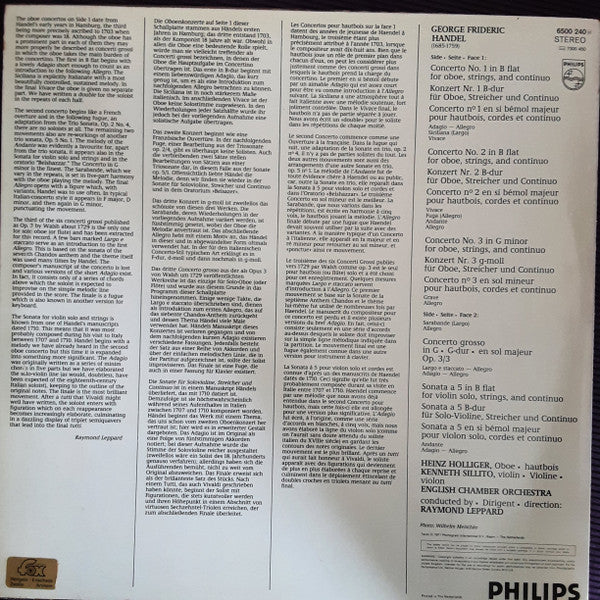 Georg Friedrich Händel - Heinz Holliger, English Chamber Orchestra, Kenneth Sillito, Raymond Leppard : 3 Oboe Concertos / Concerto Grosso Op. 3,3 / Sonate B-flat, for Violin Solo and Strings (LP)