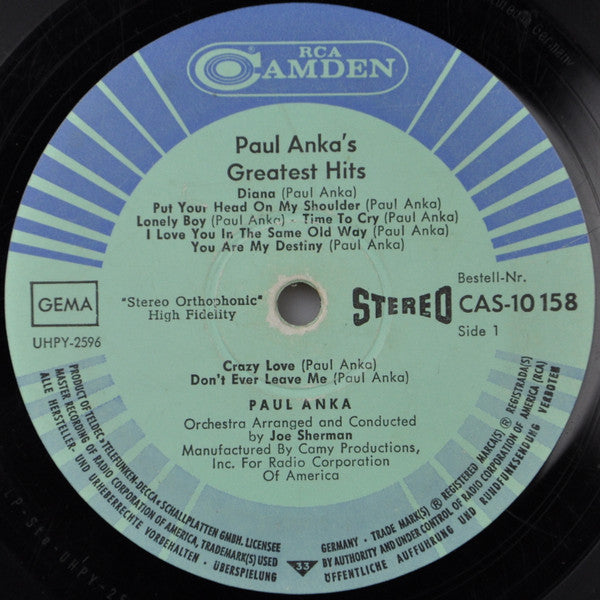 Paul Anka : Paul Anka's Greatest Hits (LP, Comp)