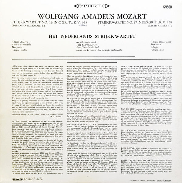Wolfgang Amadeus Mozart : Netherlands String Quartet : Strijkkwartet No.19 In C Gr. T., K.V. 465 (Dissonantenkwartet), Strijkkwartet No.17 In Bes Gr. T., K.V. 458 (Jachtkwartet) (LP)