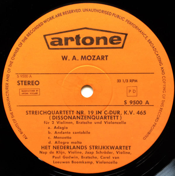 Wolfgang Amadeus Mozart : Netherlands String Quartet : Strijkkwartet No.19 In C Gr. T., K.V. 465 (Dissonantenkwartet), Strijkkwartet No.17 In Bes Gr. T., K.V. 458 (Jachtkwartet) (LP)
