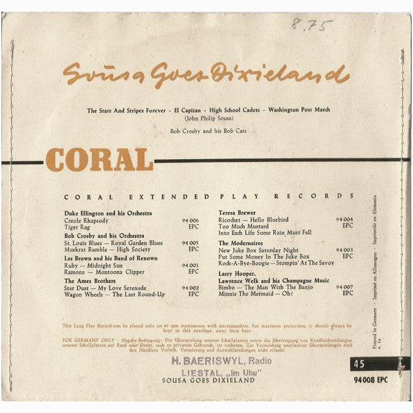 Bob Crosby And The Bob Cats : Sousa Goes Dixieland (7", EP)