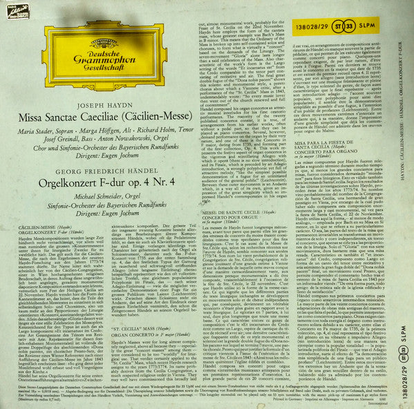 Joseph Haydn / Georg Friedrich Händel - Maria Stader / Marga Höffgen / Richard Holm / Josef Greindl / Michael Schneider (3) / Symphonie-Orchester Des Bayerischen Rundfunks / Dirigent: Eugen Jochum, Chor Des Bayerischen Rundfunks : Cäcilien-Messe / Orgelkonzert F-Dur (2xLP, Album)