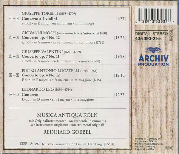 Giuseppe Torelli, Giovanni Mossi, Giuseppe Valentini, Pietro Antonio Locatelli, Leonardo Leo, Musica Antiqua Köln, Reinhard Goebel : Concerti (CD, Album)