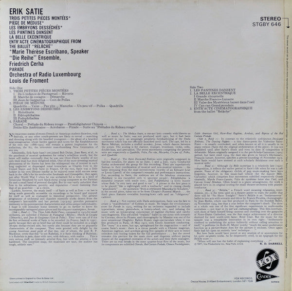Erik Satie, Ensemble "Die Reihe", Wien, Friedrich Cerha / Orchestra Of Radio Luxembourg, Louis de Froment : Orchestral Works (LP)