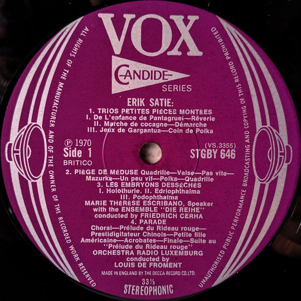 Erik Satie, Ensemble "Die Reihe", Wien, Friedrich Cerha / Orchestra Of Radio Luxembourg, Louis de Froment : Orchestral Works (LP)