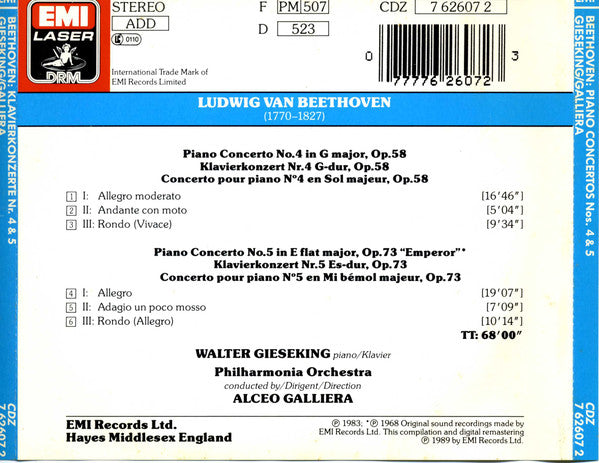 Ludwig van Beethoven, Walter Gieseking, Alceo Galliera : Piano Concertos 4 & 5 (CD, Album, Comp, RM)