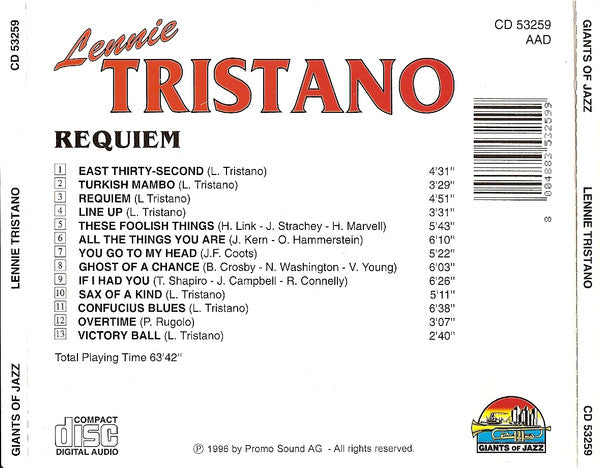 Lennie Tristano : Requiem (CD, Album, RE)
