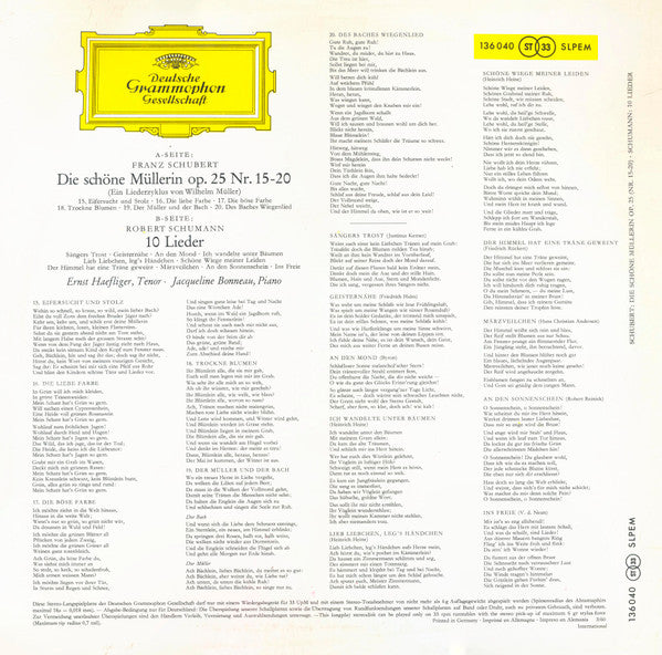 Franz Schubert, Robert Schumann - Ernst Haefliger, Jacqueline Bonneau : Die Schöne Müllerin Op. 25 (Nr. 15-20) / 10 Lieder (LP)