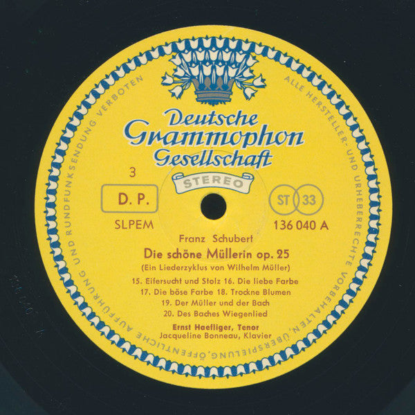 Franz Schubert, Robert Schumann - Ernst Haefliger, Jacqueline Bonneau : Die Schöne Müllerin Op. 25 (Nr. 15-20) / 10 Lieder (LP)