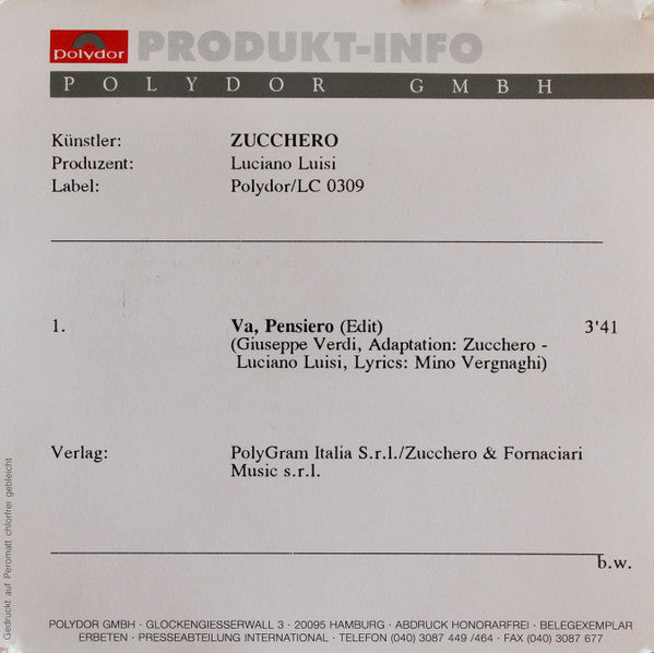 Zucchero : Va Pensiero (CD, Single, Promo)