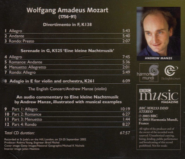 Wolfgang Amadeus Mozart – The English Concert, Andrew Manze : Eine Kleine Nachtmusik · Divertimento In F, K138 · Adagio In E, K261 (CD, Album)