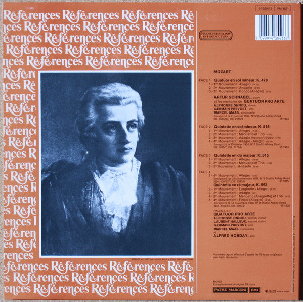 Wolfgang Amadeus Mozart - Pro Arte Quartet, Artur Schnabel, Alfred Hobday : Quatuor En Sol Mineur Pour Piano Et Cordes K. 478 / Quintette A Cordes En Sol Mineur K. 516 (2xLP, Comp, RE)