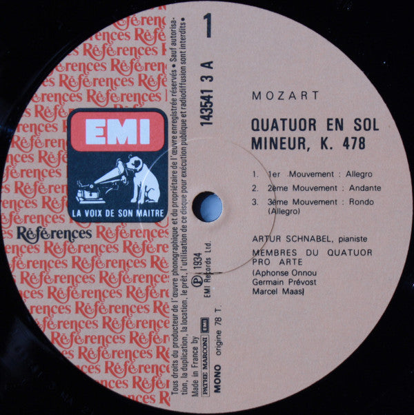 Wolfgang Amadeus Mozart - Pro Arte Quartet, Artur Schnabel, Alfred Hobday : Quatuor En Sol Mineur Pour Piano Et Cordes K. 478 / Quintette A Cordes En Sol Mineur K. 516 (2xLP, Comp, RE)