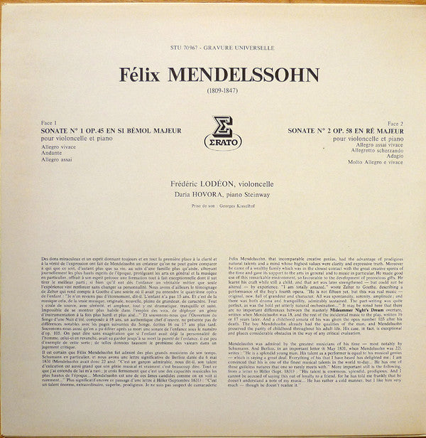 Felix Mendelssohn-Bartholdy, Frédéric Lodéon, Daria Hovora : Deux Sonates Pour Violoncelle & Piano (LP, Album, Gat)