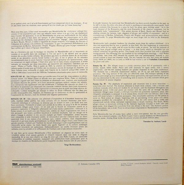 Felix Mendelssohn-Bartholdy, Frédéric Lodéon, Daria Hovora : Deux Sonates Pour Violoncelle & Piano (LP, Album, Gat)