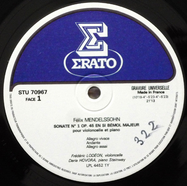 Felix Mendelssohn-Bartholdy, Frédéric Lodéon, Daria Hovora : Deux Sonates Pour Violoncelle & Piano (LP, Album, Gat)