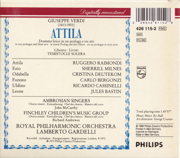 Giuseppe Verdi - Ruggero Raimondi, Cristina Deutekom, Sherrill Milnes, Carlo Bergonzi, The Ambrosian Singers, Royal Philharmonic Orchestra, Lamberto Gardelli : Attila (2xCD, Album, RE + Box, Sli)