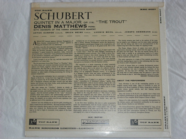 Franz Schubert, Denis Matthews , With Mitglieder Des Wiener Konzerthausquartetts : Quintet In A Major, Op.114 'The Trout' (LP, Album, Mono)