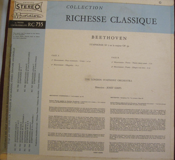 Ludwig van Beethoven, London Symphony Orchestra, Josef Krips : Symphonie N°7 (LP, Album, RE)