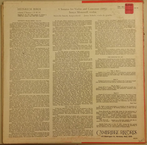 Heinrich Ignaz Franz Biber : Eight Sonatas For Solo Violin And Continuo (the 1681 Collection) (LP)