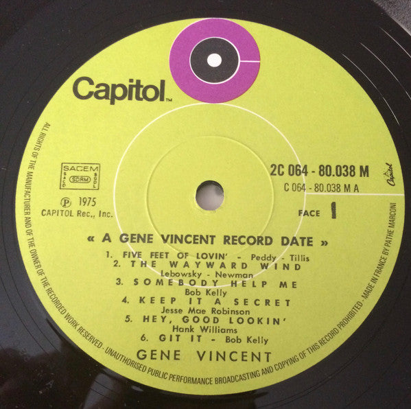 Gene Vincent With The Blue Caps* : A Gene Vincent Record Date (LP, Album, Mono, RE, Gre)