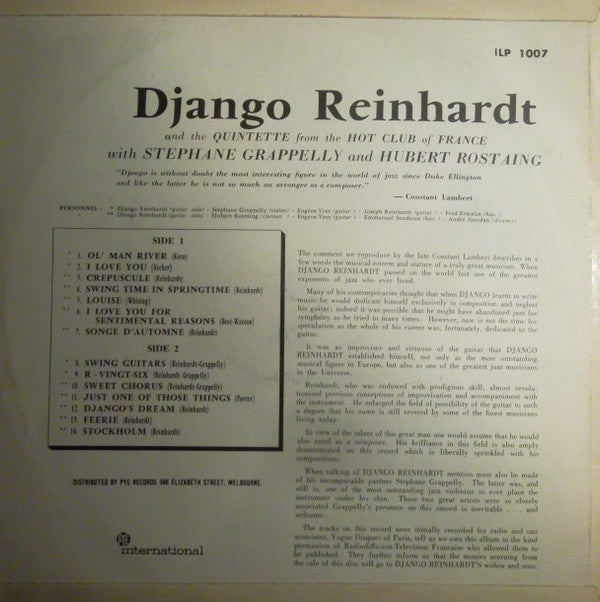 Django Reinhardt And Quintette Du Hot Club De France With Stéphane Grappelli And Hubert Rostaing : Django Reinhardt (LP, Comp)
