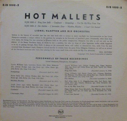 Lionel Hampton And His Orchestra : Hot Mallets (7", EP)