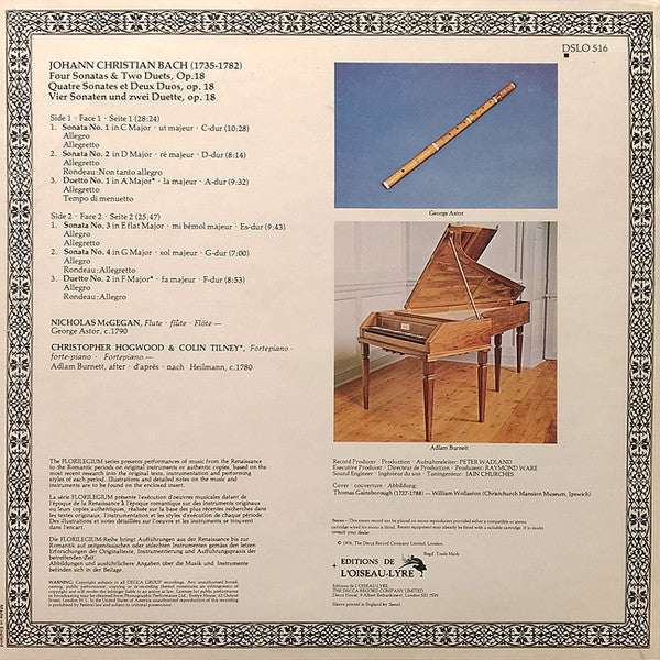 Nicholas McGegan, Colin Tilney, Christopher Hogwood, Johann Christian Bach : Four Sonatas & Two Duets, Op. 18 (LP, Album)
