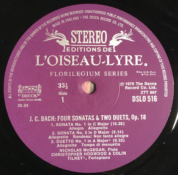 Nicholas McGegan, Colin Tilney, Christopher Hogwood, Johann Christian Bach : Four Sonatas & Two Duets, Op. 18 (LP, Album)